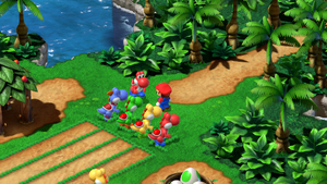 Red Yoshi giving Yoshi Cookies for winning Mushroom Derby on Yo'ster Isle of Super Mario RPG.