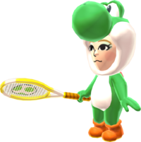 A female Mii wearing a Yoshi suit from Mario Tennis Open