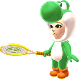 A female Mii wearing a Yoshi suit from Mario Tennis Open