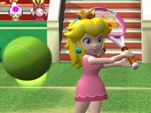 Princess Peach returning the tennis ball in Mario Power Tennis