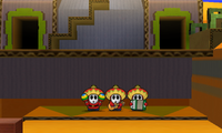 Screenshot of a Sombrero Guy, an Accordion Guy, and a Maracas Guy from Paper Mario: Sticker Star