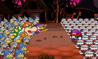 The Koopa Troop (led by Bowser) and the X-Nauts (led by Lord Crump) confront each other in Twilight Town during the Bowser intermission between Chapters 5 - 6 in Paper Mario: The Thousand-Year Door