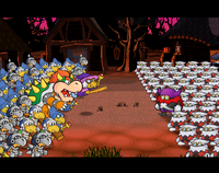 The Koopa Troop (led by Bowser) and the X-Nauts (led by Lord Crump) confront each other in Twilight Town during the Bowser intermission between Chapters 5 - 6 in Paper Mario: The Thousand-Year Door