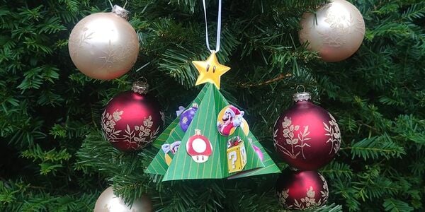 Photograph of a handcrafted Mario holiday tree ornament
