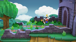 Mario getting a Coin from a bush in the Path to Shhwonk Fortress of Paper Mario: The Thousand-Year Door for Nintendo Switch.