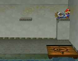 Mario near the Defend Plus badge in Rogueport Sewers of Paper Mario: The Thousand-Year Door.