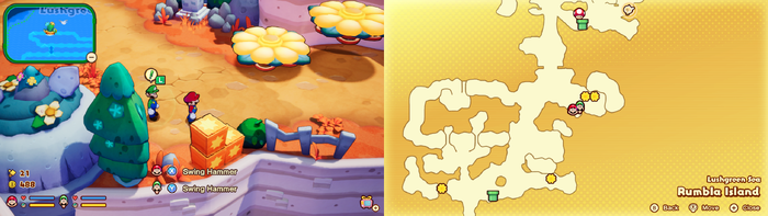 Mario and Luigi near wooden crates containing a Mushroom on Rumbla Island of Mario & Luigi: Brothership.