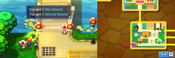 Mario and Luigi getting 5 Flex Beans and 5 Special Beans from PR Toad in Toad Town of Mario & Luigi: Bowser's Inside Story + Bowser Jr.'s Journey.