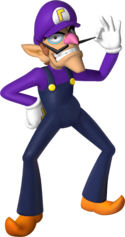 Artwork of Waluigi for Mario Party 6 (reused for Dance Dance Revolution: Mario Mix, Mario Party 7, Mario & Sonic at the Olympic Games and Mario Kart Wii)