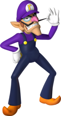 Artwork of Waluigi for Mario Party 6 (also used for Dance Dance Revolution: Mario Mix, Mario Party 7, Mario & Sonic at the Olympic Games and Mario Kart Wii)