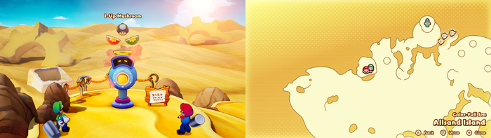 Mario and Luigi being given 1-Up Mushroom by the Concordia Hammer-Rally machine on Allsand Island of Mario & Luigi: Brothership.