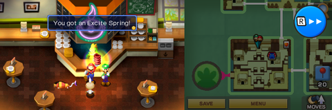 Mario getting the Excite Spring from Professor E. Gadd in the town part of Beanbean Castle of Mario & Luigi: Superstar Saga + Bowser's Minions.