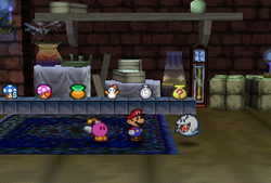 Mario and Bombette in Boo's Shop in Boo's Mansion