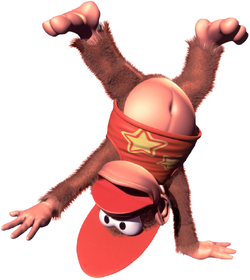 Diddy Kong does a cartwheel in Donkey Kong Country 2