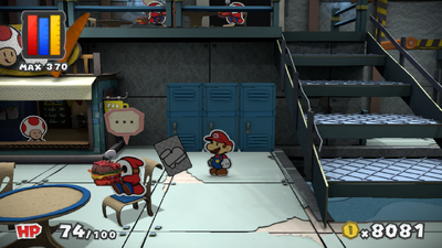 Mario near the colorless Big Jump Battle Card in Fort Cobalt of Paper Mario: Color Splash.