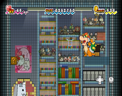 Bowser using Fleep to uncover the Francis Super Card in Fort Francis of Super Paper Mario.