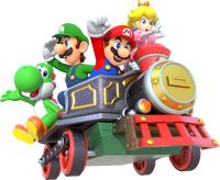 Artwork of Mario, Luigi, Peach and Yoshi on the Traditional Train from Mario Party 10