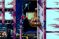 Ellie the Elephant riding down an elevator platform, next to a red Buzz of Murky Mill in Donkey Kong Country 3 for the Game Boy Advance
