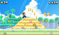 Mario running towards golden Cheep Cheeps.