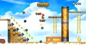 Screenshot of Flying Squirrel Mario in Airship 1-Up Rally, a 1-UP Rally Challenge Mode in New Super Mario Bros. U.