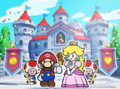 Mario, Princess Peach, and Toads standing outside Peach's Castle (if the game has been beaten without using battle accessories or getting a Game Over)