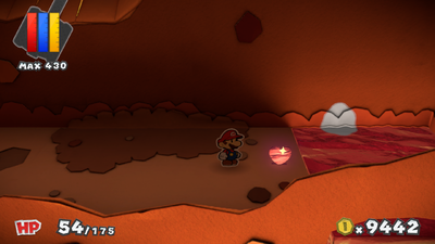Mario near a Heart in Redpepper Crater of Paper Mario: Color Splash.