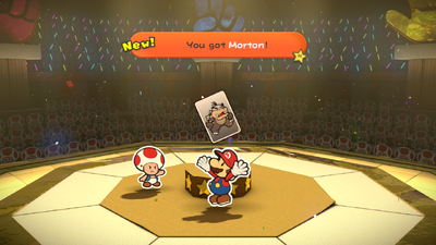 Mario winning a Koopaling/Kamek Battle Card (in this case Morton) after winning in the third round in Roshambo Temple of Paper Mario: Color Splash.