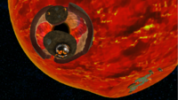 A screenshot of Bowser Jr.'s Lava Reactor during "King Kaliente's Spicy Return" mission from Super Mario Galaxy.