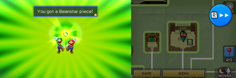 Mario and Luigi getting the Beanstar Piece from Boddle in Yoshi Theater part of Beanbean Fields of Mario & Luigi: Superstar Saga + Bowser's Minions.