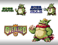 King Croak's design across three games: Boss Monster (top left), Boss Monster: Rise of the Minibosses (top right), and Overboss: a Boss Monster Adventure (bottom)