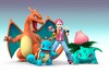 Squirtle, Ivysaur and Charizard in official artwork with the Pokemon Trainer.