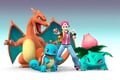 Concept artwork of Pokémon Trainer and his three Pokémon from Super Smash Bros. Brawl