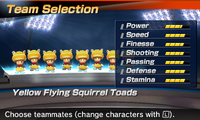 Yellow Flying Squirrel Toad's stats in the soccer portion of Mario Sports Superstars