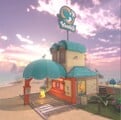 An umbrella themed Yoshi's drive-through near Koopa Troopa Bech with a light-blue logo