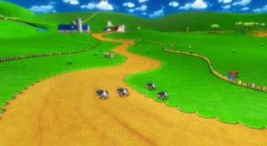View of Moo Moo Meadows in Mario Kart Wii.