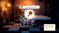 Mario receives the Key to Bowser's Castle from Luigi