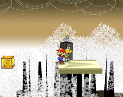 Mario next to the Shine Sprite near the airplane panel in Boggly Woods in Paper Mario: The Thousand-Year Door.