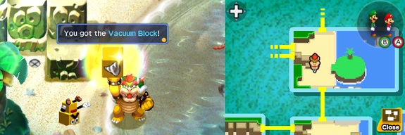 Bowser getting the Vacuum Block from Broque Monsieur in Plack Beach of Mario & Luigi: Bowser's Inside Story + Bowser Jr.'s Journey.