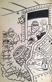 Illustration showing Diddy Kong, Funky Kong and Donkey Kong breaking Funky Kong out of a prison cell using a TNT Barrel.