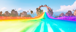 A shot of Mario driving on Rainbow Road