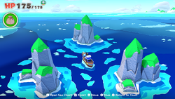 Location of where to dive for a chest containing a Coin Bag in The Great Sea of The Origami King.