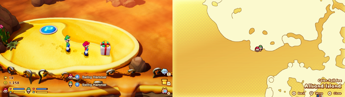 Mario and Luigi near a present containing an Ultra Mushroom on Allsand Island of Mario & Luigi: Brothership.
