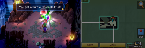 Mario picking up the Purple Chuckola Fruit in Chucklehuck Woods of Mario & Luigi: Superstar Saga + Bowser's Minions.