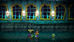 Mario getting a Ultra Mushroom from a boo in Creepy Steeple of Paper Mario: The Thousand-Year Door for Nintendo Switch.