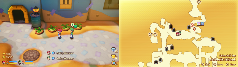 Mario and Luigi near 3 Plug Radishes containing 15 Coins and a Grampy Turnip on Desolatt Island from Mario & Luigi: Brothership.