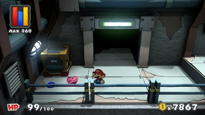 Mario near a Heart in Fort Cobalt of Paper Mario: Color Splash.