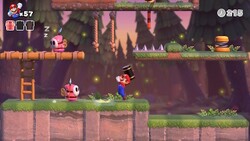 Screenshot of Mystic Forest level 7-5 from the Nintendo Switch version of Mario vs. Donkey Kong