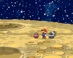 Mario after destroying the rock containing a Ruin Powder on the Moon of Paper Mario: The Thousand-Year Door.