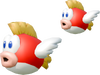 Model of a Big Cheep Cheep from New Super Mario Bros. Wii. A normal-sized Cheep Cheep is positioned next to it for clear comparison because the enemies share the same model and textures. Scaling derived from this screenshot uploaded by Scrooge200 (talk).