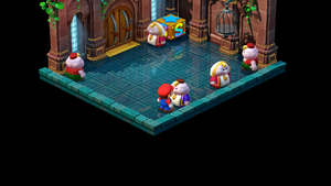 Nimbus man dressed in blue giving Mario a Flower Jar in Nimbus Land of Super Mario RPG.